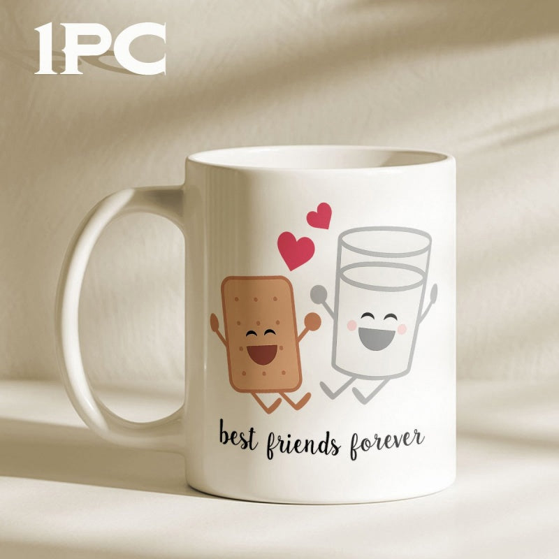 Tailorly White Ceramic 11 oz Mug - Best Friends Forever Happy Cartoon Cookie And Milk Glass Holding Hands Under Floating Hearts Mug