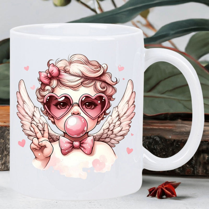 Tailorly White Ceramic 11 oz Mug - Stylized Angel Wearing Heart Shaped Sunglasses Blowing Pink Bubble Gum With Bow Cupid