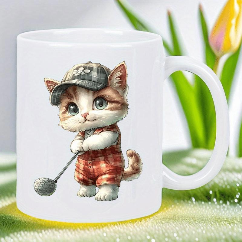 Tailorly White Ceramic 11 oz Mug - Adorable Kitten Wearing Plaid Outfit And Golf Cap Swinging A Club Cat