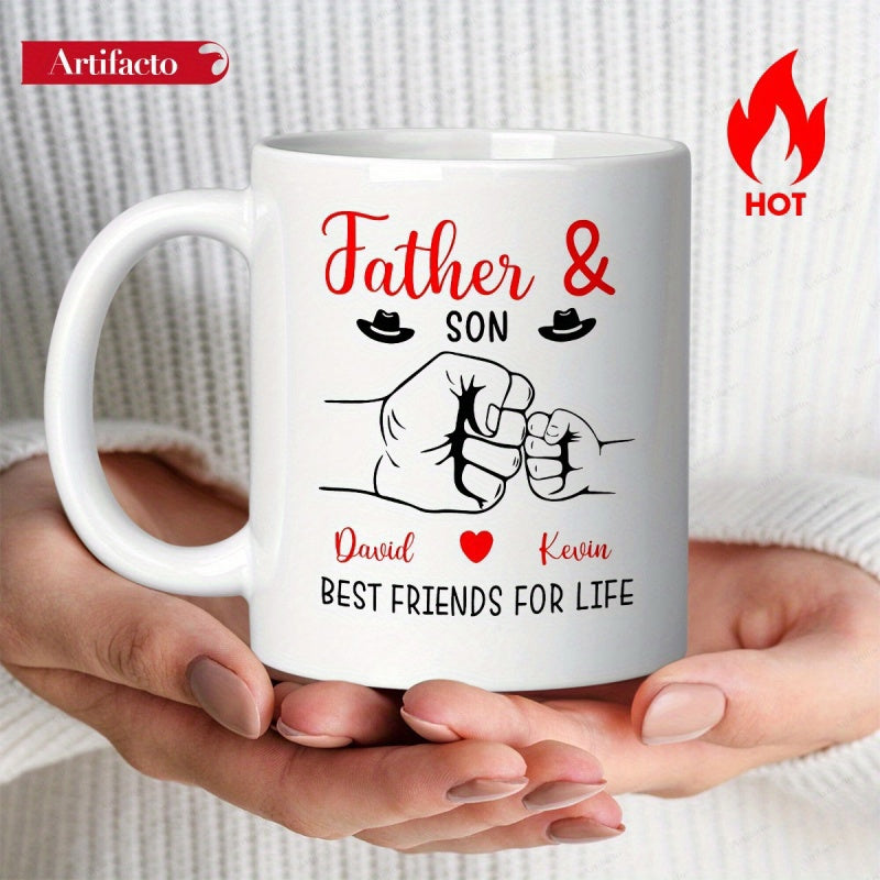 Tailorly White Ceramic 11 oz Mug - Father Son David Kevin Best Friends For Life Touching Adult And Child Fist Bump Between Tiny Cowboy Hats Symbolizing Bond Fist