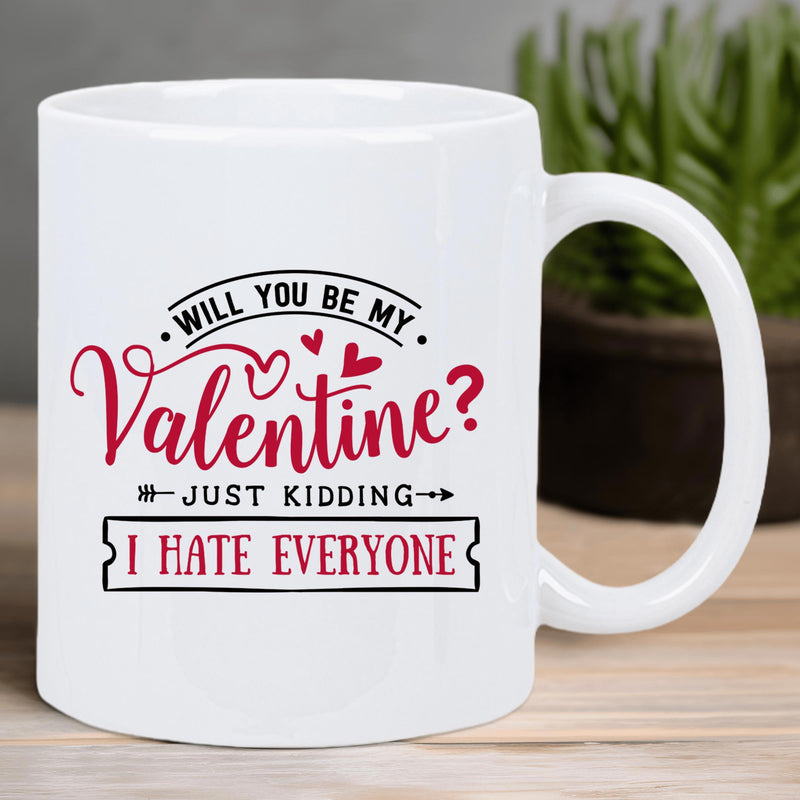 Tailorly White Ceramic 11 oz Mug - Will You Be My Valentine Just Kidding I Hate Everyone Small Red Hearts With Decorative Black Swirls And Linear Banner Box Mug