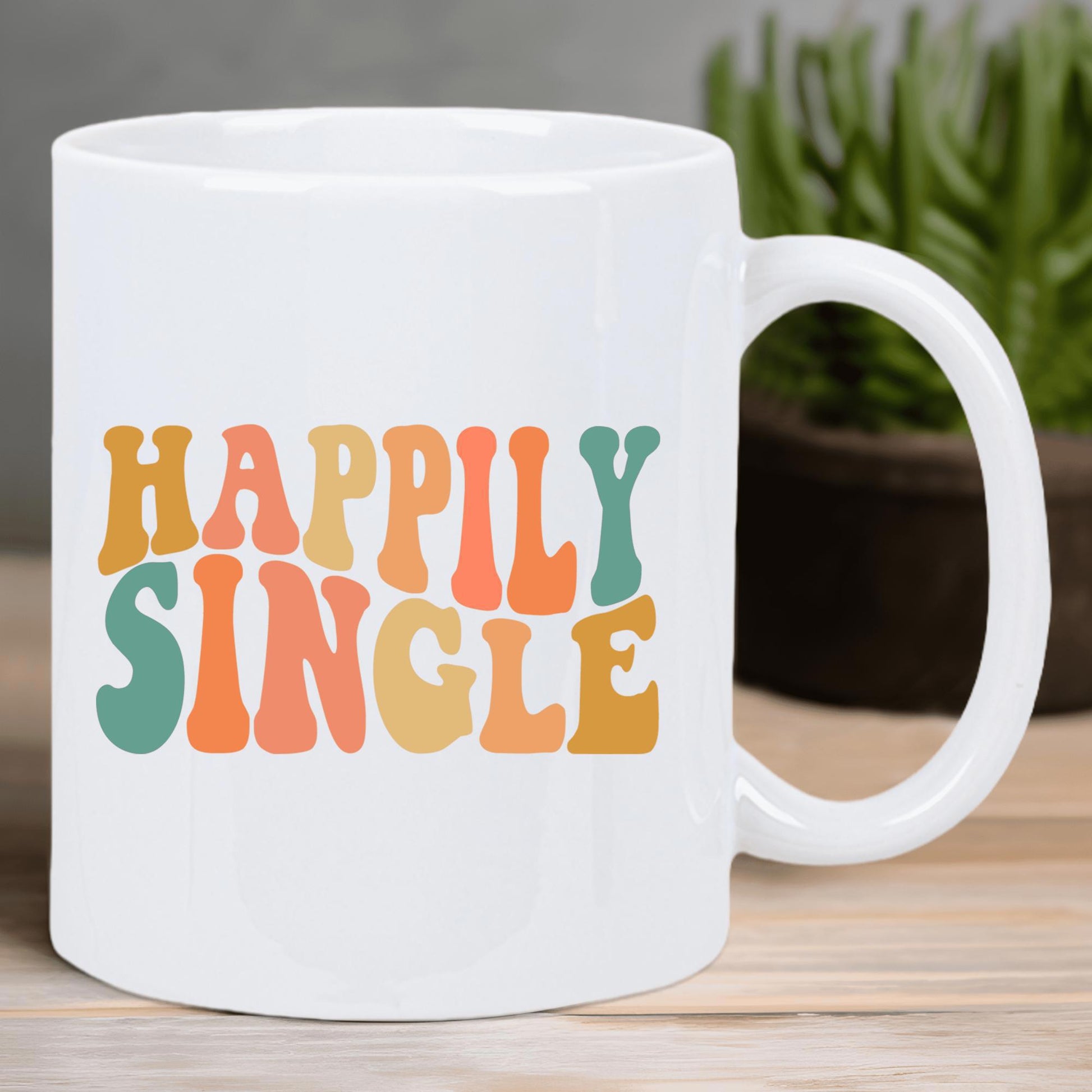Tailorly White Ceramic 11 oz Mug - Happily Single Vibrant Retro Colorful Bubble Letters Printed On A Glossy Mug