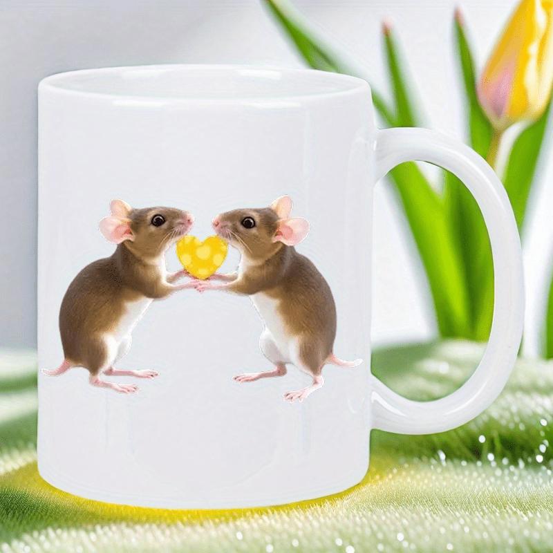 Tailorly White Ceramic 11 oz Mug - Two Tiny Brown Field Mice Sharing A Piece Of Yellow Cheese Mice