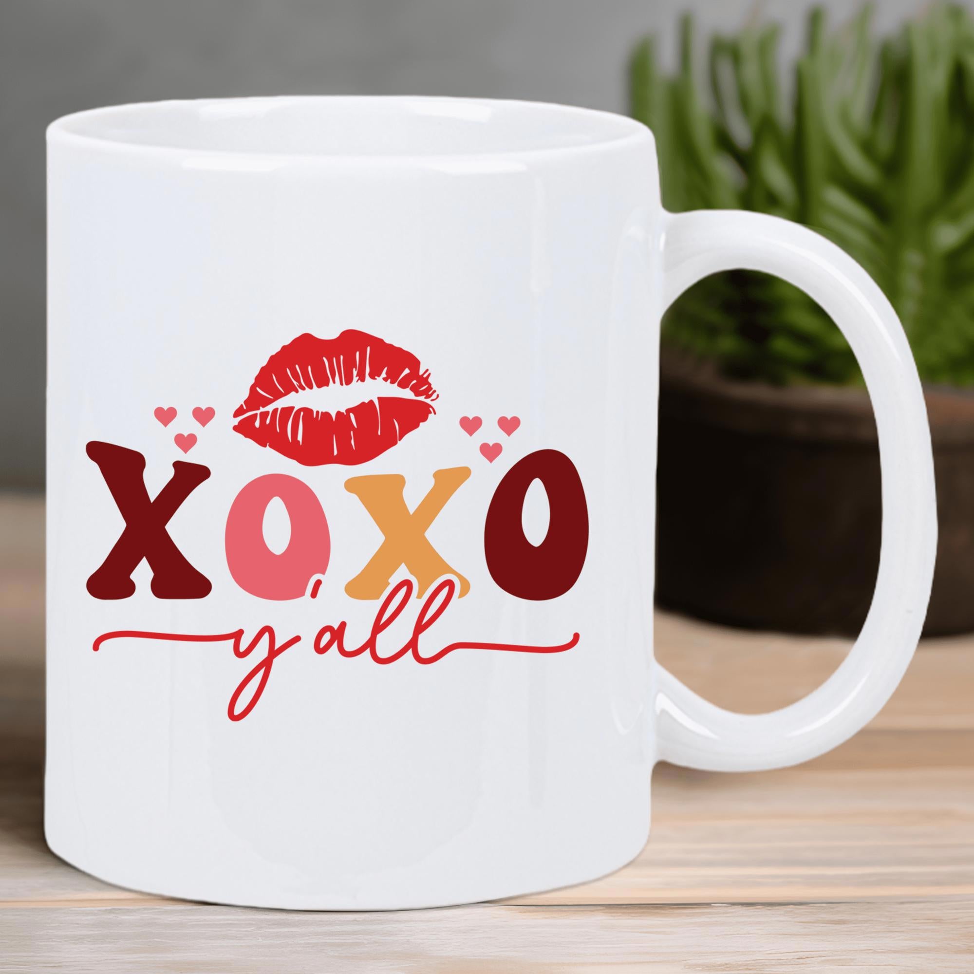 Tailorly White Ceramic 11 oz Mug - Xoxo Yall Romantic Red Lipstick Kiss Mark With Cute Floating Pink Hearts Decor
