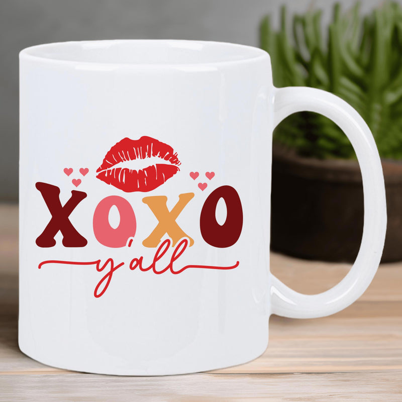 Tailorly White Ceramic 11 oz Mug - Xoxo Yall Romantic Red Lipstick Kiss Mark With Cute Floating Pink Hearts Decor