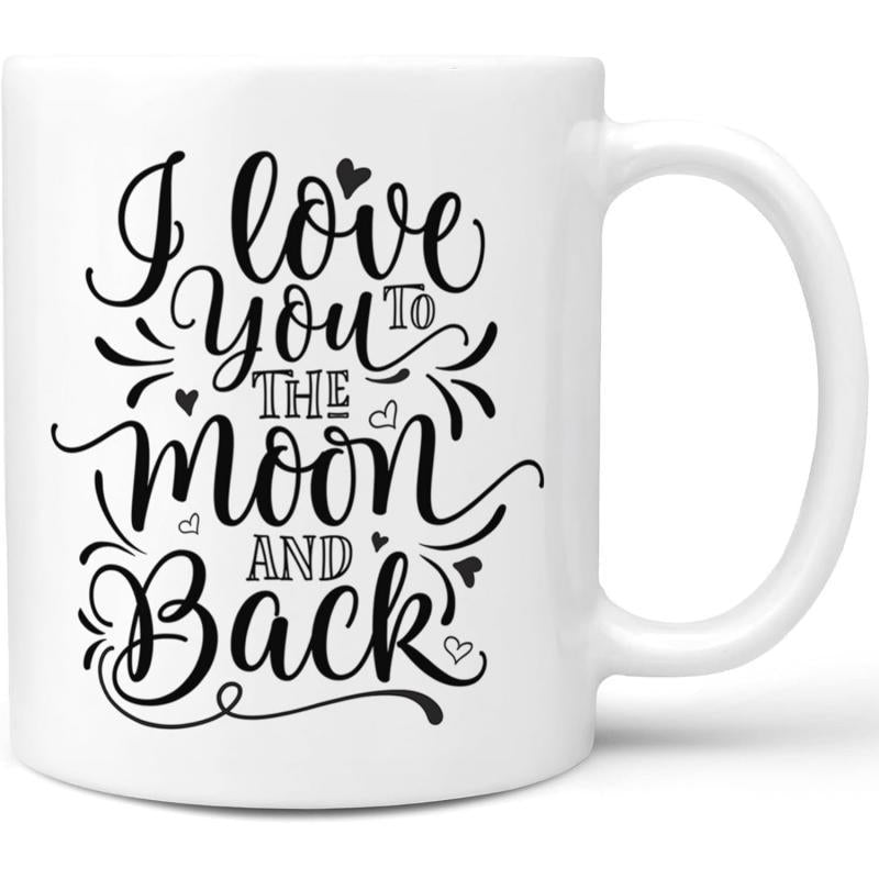 Tailorly White Ceramic 11 oz Mug - I Love You To The Moon And Back Elegant Script Lettering With Small Floating Hearts And Decorative Black Swirls Mug