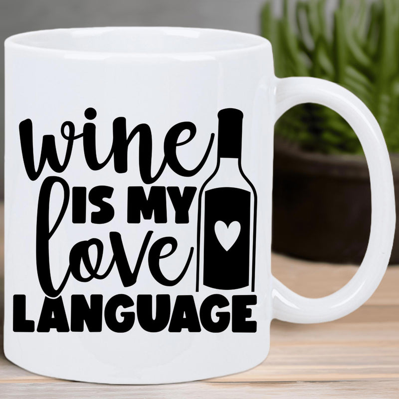 Tailorly White Ceramic 11 oz Mug - Wine Is My Love Language Minimalist Artistic Style Silhouette Including A Small Cute Heart Bottle