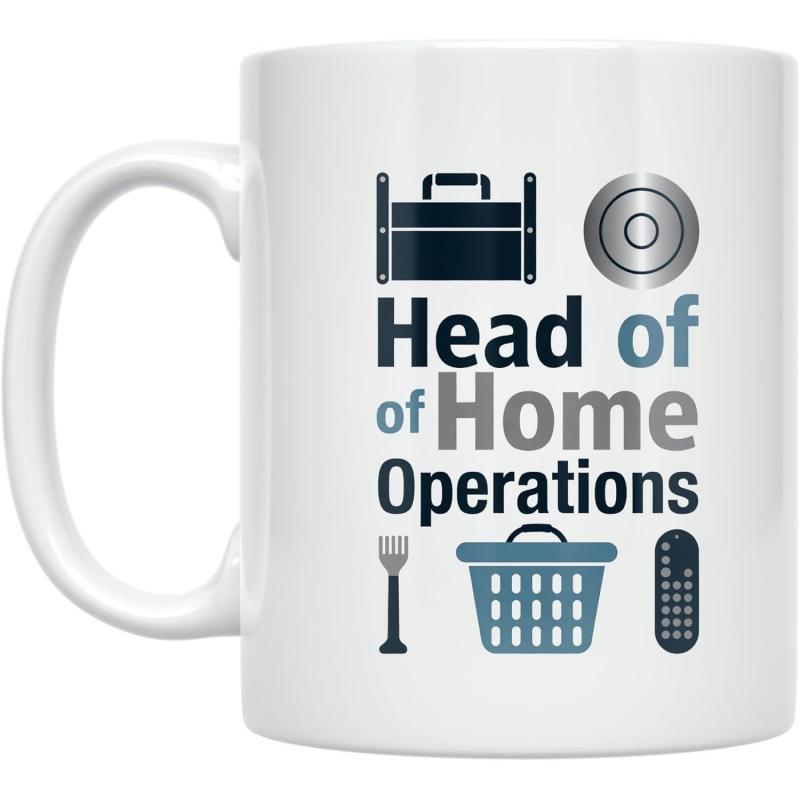 Tailorly White Ceramic 11 oz Mug - Head Of Home Operations Minimalist Household Tool Icons Surrounded By Bold Modern Typography Design