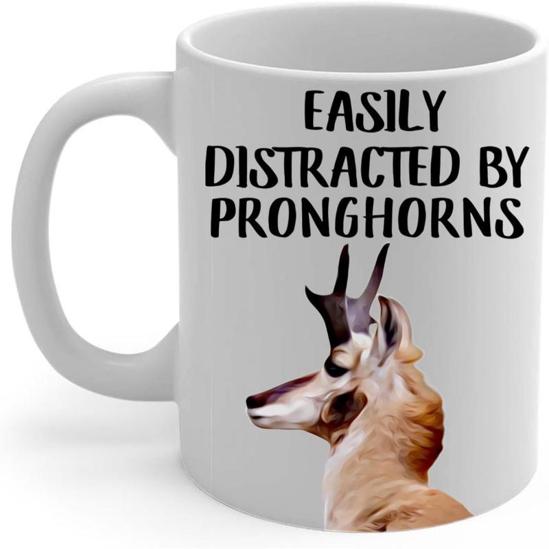 Tailorly White Ceramic 11 oz Mug - Easily Distracted By Pronghorns Majestic Wild Animal With Unique Horns Standing Against A Neutral Background Pronghorn