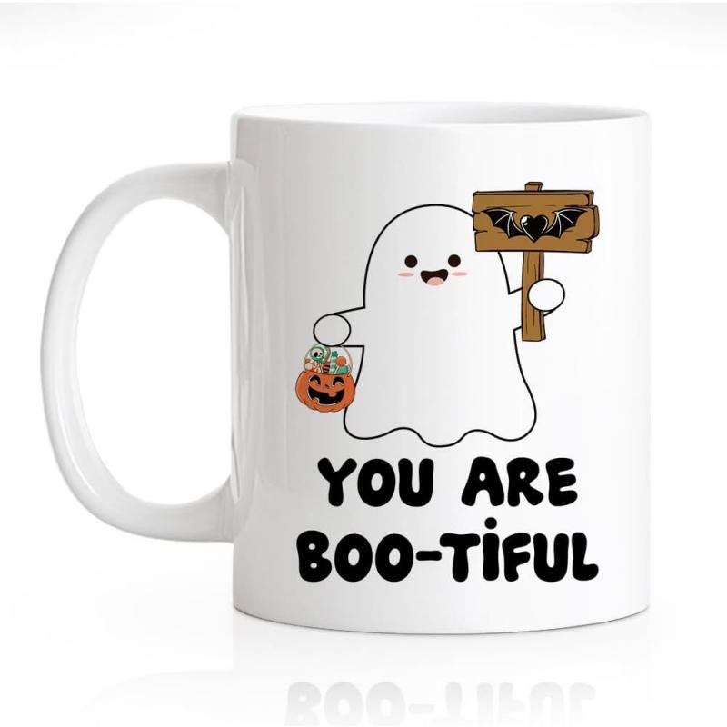 Tailorly White Ceramic 11 oz Mug - You Are Boo-tiful Adorable Smiling Cartoon Ghost Holding A Pumpkin Basket And Sign Ghost