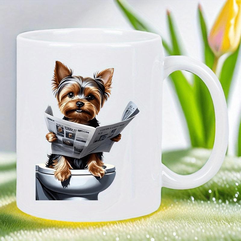 Tailorly White Ceramic 11 oz Mug - Adorable Yorkshire Terrier Sitting On Toilet Reading Paper News Dog