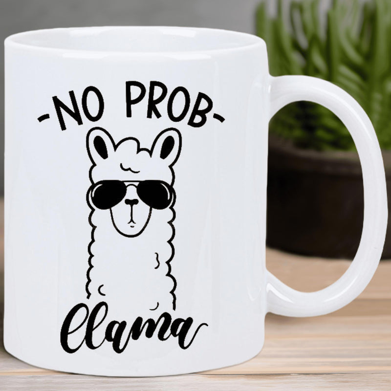 Tailorly White Ceramic 11 oz Mug - No Prob Llama Minimalist Hand Drawn Line Art Wearing Cool Black Sunglasses Llama