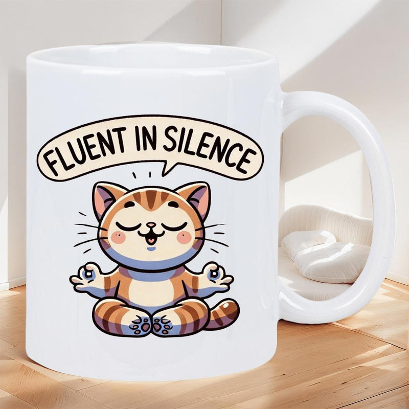 Tailorly White Ceramic 11 oz Mug - Fluent In Silence Peaceful Zen Meditating Tabby Sitting In A Lotus Position Cartoon Cat