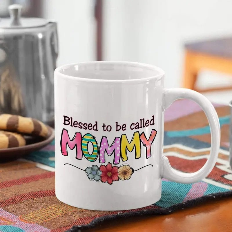 Tailorly White Ceramic 11 oz Mug - Blessed To Be Called Mommy Colorful Patterned Letters With Floral Accents On A Plain