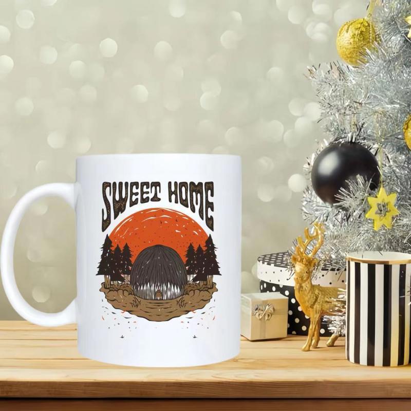 Tailorly White Ceramic 11 oz Mug - Sweet Home Setting Sun Behind Dark Pine Trees Surrounding A Cozy Forest Cabin