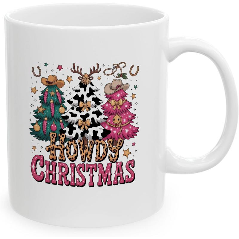 Tailorly White Ceramic 11 oz Mug - Howdy Christmas Western Themed Festive Trees With Cowboy Hats And Cow Print Patterns Christmas Tree