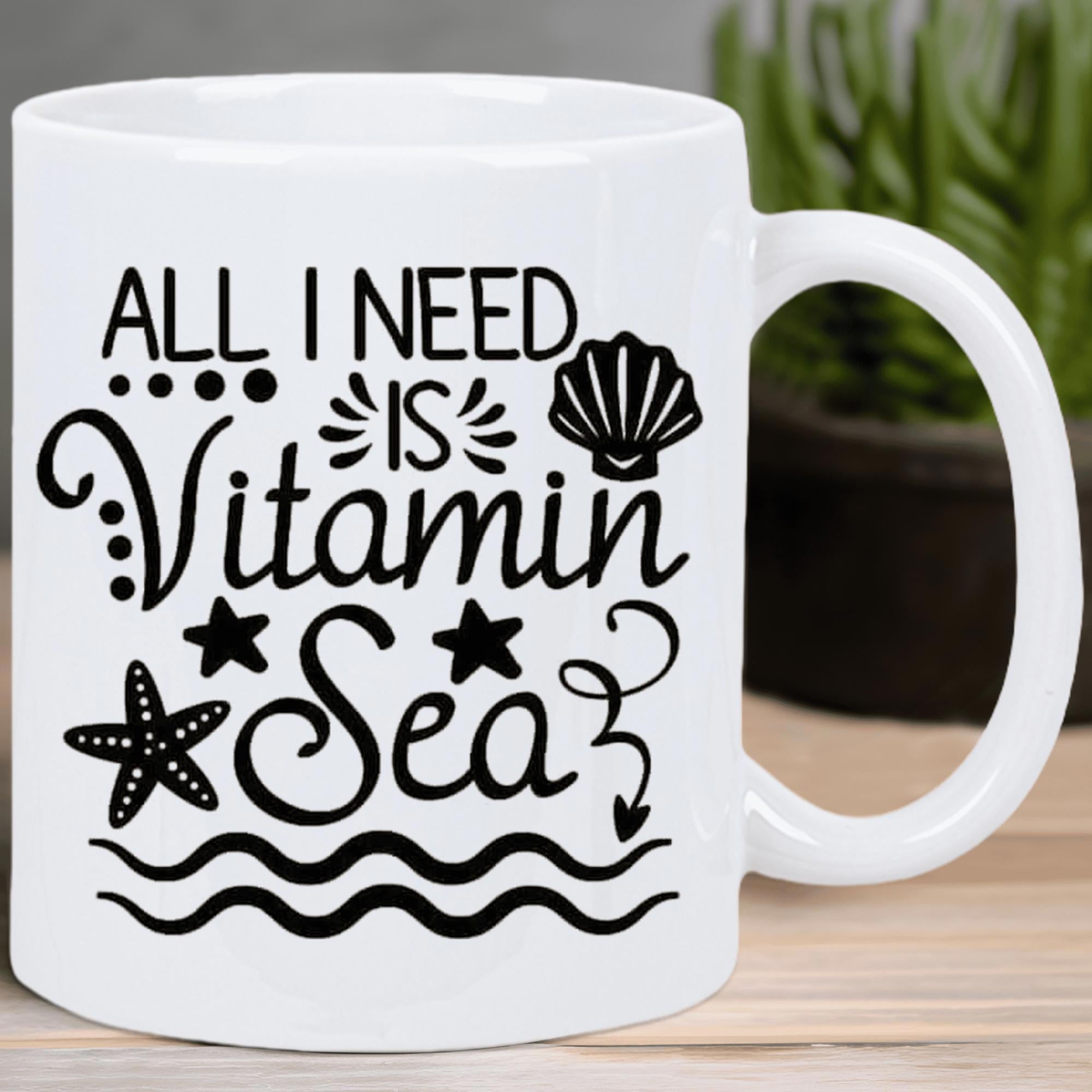 Tailorly White Ceramic 11 oz Mug - All I Need Is Vitamin Sea Coastal Elements With Starfish Resting Atop Flowing Ocean Waves Seashell