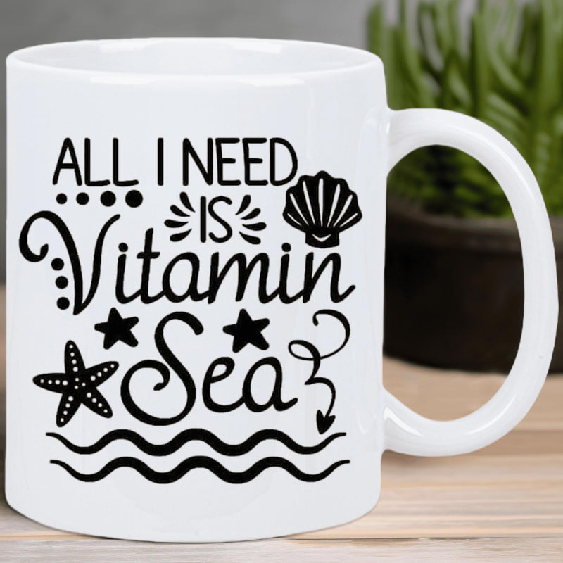 Tailorly White Ceramic 11 oz Mug - All I Need Is Vitamin Sea Coastal Elements With Starfish Resting Atop Flowing Ocean Waves Seashell