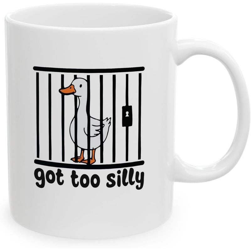 Tailorly White Ceramic 11 oz Mug - Got Too Silly Simple Cartoon Character Trapped Behind Black Vertical Metal Jail Bars Duck