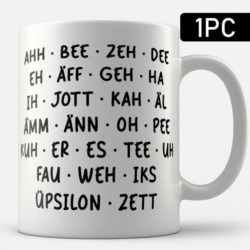 Tailorly White Ceramic 11 oz Mug - Ah Bee Zeh Dee Eh Geh Ha Ih Jott Kah Oh Pee Kuh Er Es Tee Uh Fau Weh Iks Zett Minimalist Black Lettering Printed On Pure Mug