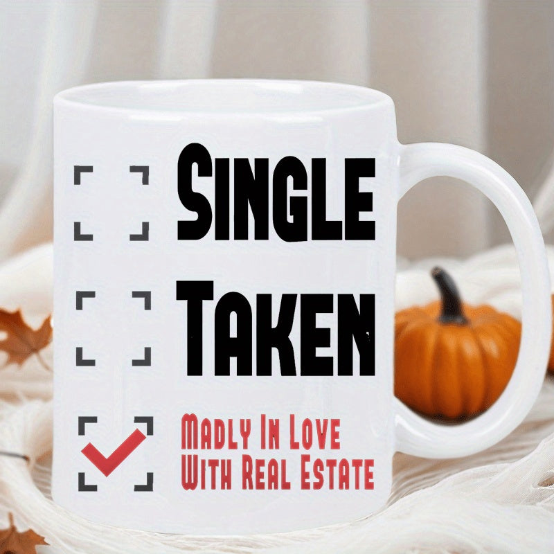 Tailorly White Ceramic 11 oz Mug - Single Taken Madly In Love With Real Estate Minimalist Design Featuring Squares And A Single Red Checkmark Checklist