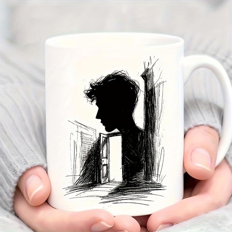Tailorly White Ceramic 11 oz Mug - Mysterious Sketch Of A Dark Silhouette Contemplating An Open Doorway Person