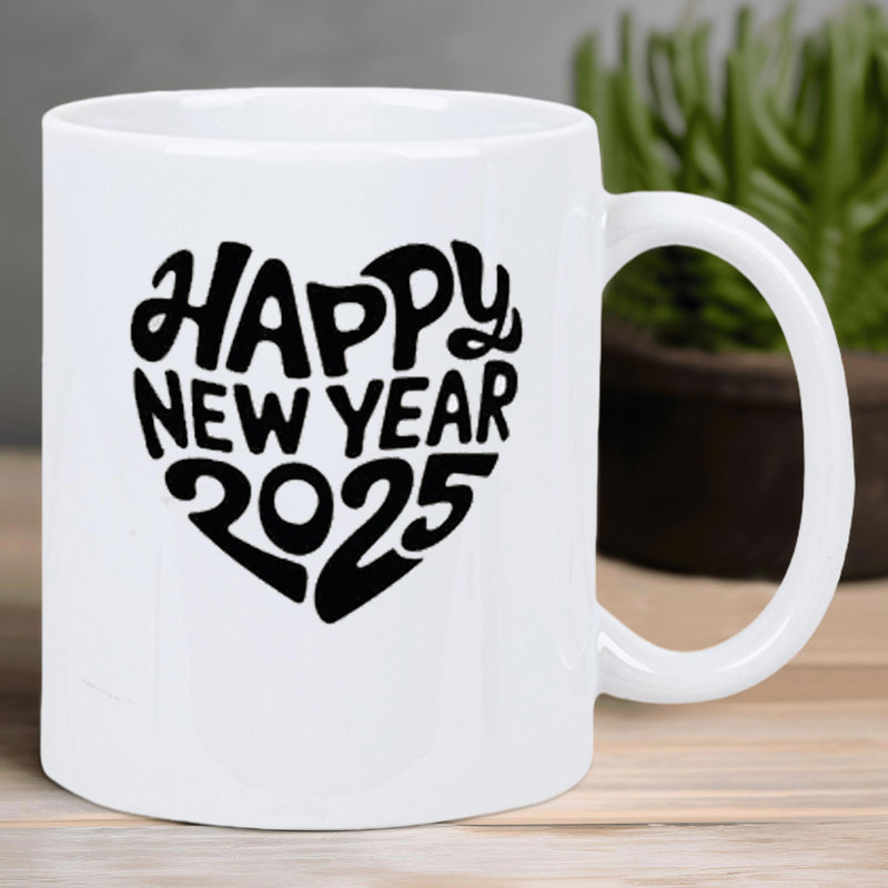 Tailorly White Ceramic 11 oz Mug - Happy New Year 2025 Bold Stylized Black Typography Forming A Festive Love Inspired Silhouette Decorative Heart