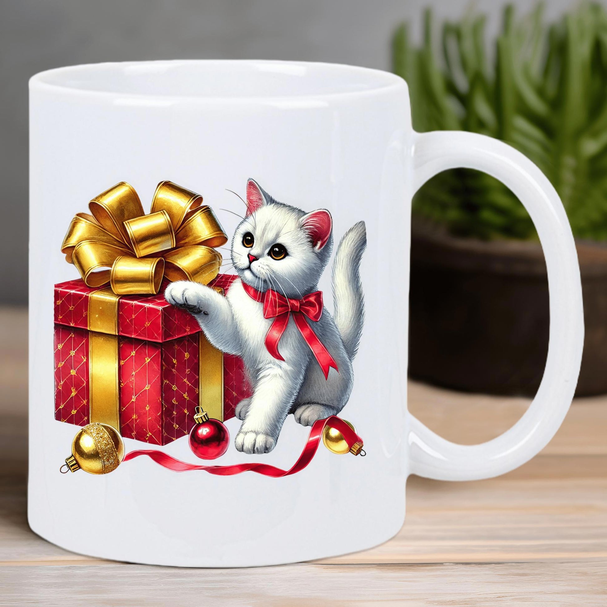 Tailorly White Ceramic 11 oz Mug - Fluffy White Festive Cat Sitting Beside A Red Shiny Christmas Gift Kitten