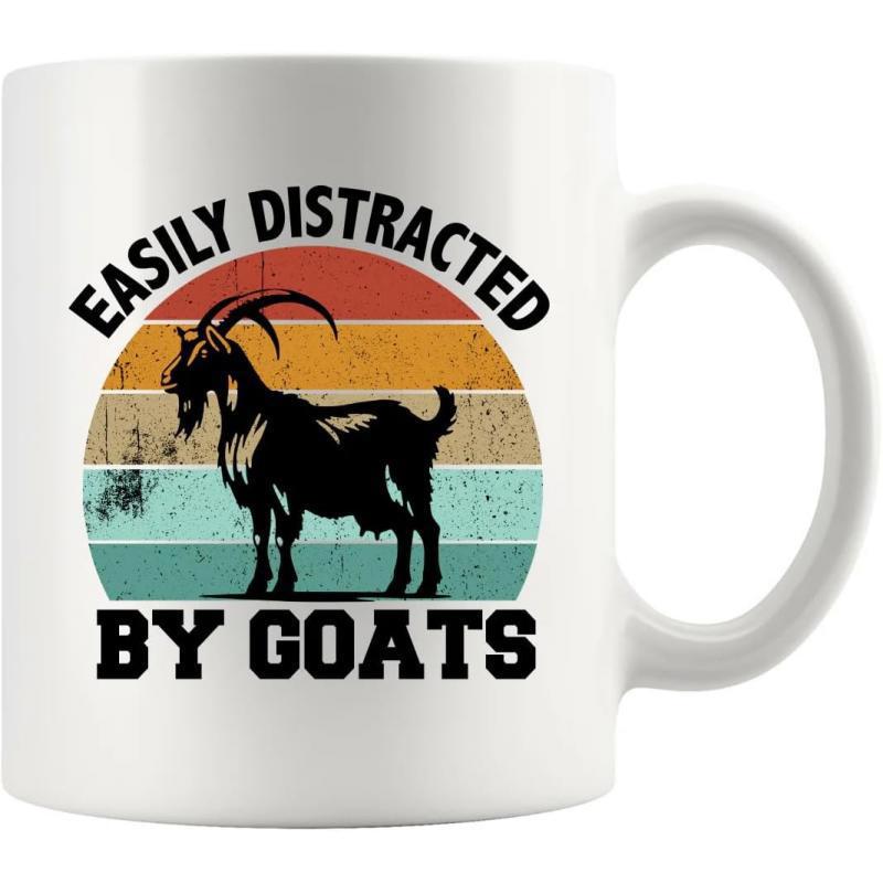 Tailorly White Ceramic 11 oz Mug - Easily Distracted By Goats Retro Vintage Sunset Circle Stripes Silhouette Horned Farm Animal Standing Goat