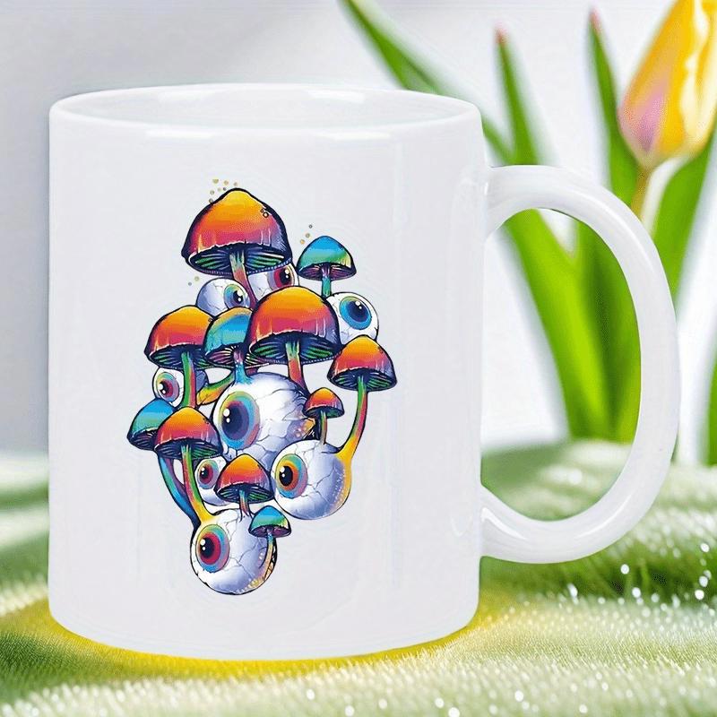 Tailorly White Ceramic 11 oz Mug - Vibrant Trippy Fungi Growing Among Realistic Looking Eerie Glowing Blue Eyes Mushroom