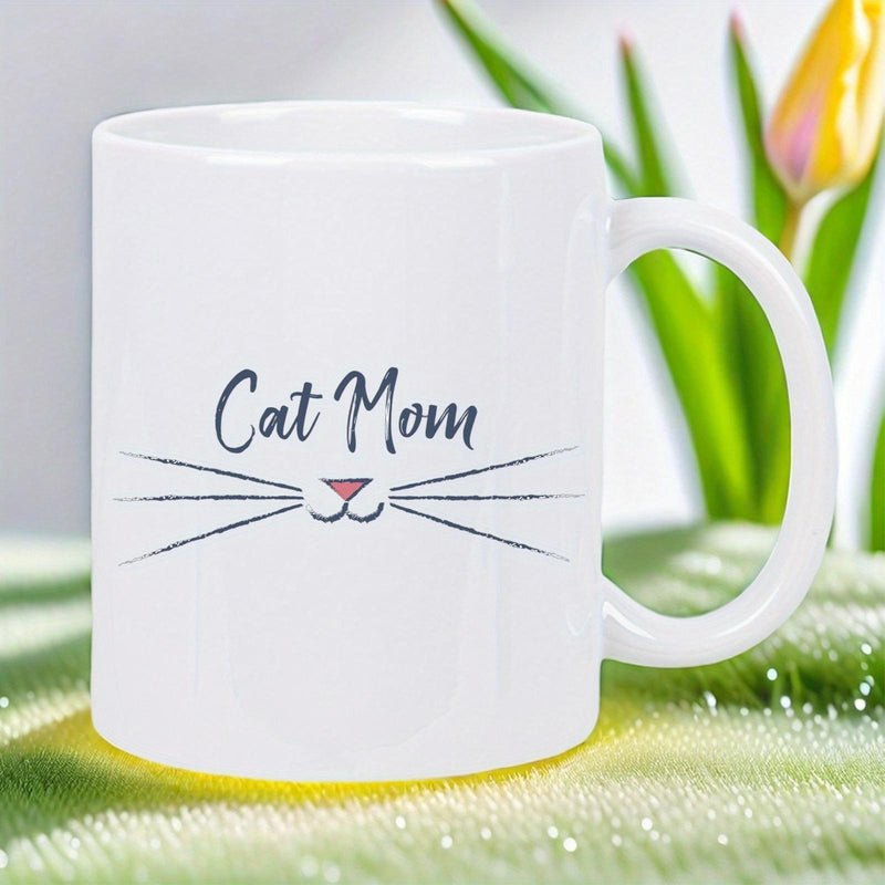 Tailorly White Ceramic 11 oz Mug - Cat Mom Minimalist Whiskers Featuring A Small Pink Heart Shaped Nose Cat