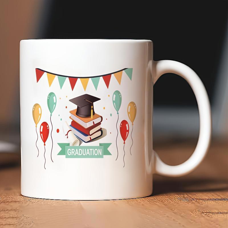 Tailorly White Ceramic 11 oz Mug - Graduation Colorful Festive Balloons And Bunting Floating Above A Stacked Academic Books