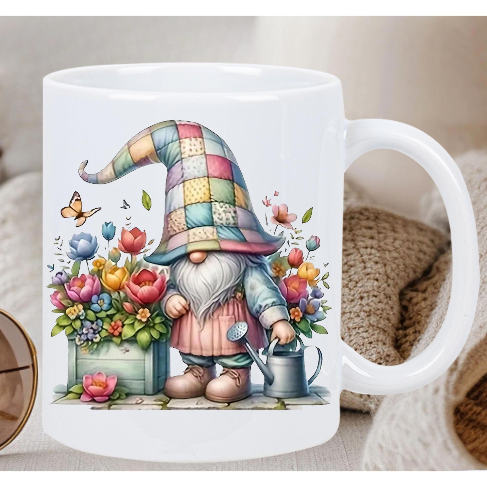 Tailorly White Ceramic 11 oz Mug - Colorful Garden Gnome Wearing Patchwork Hat Watering Vibrant Spring Flowers Among Butterfly Gnome