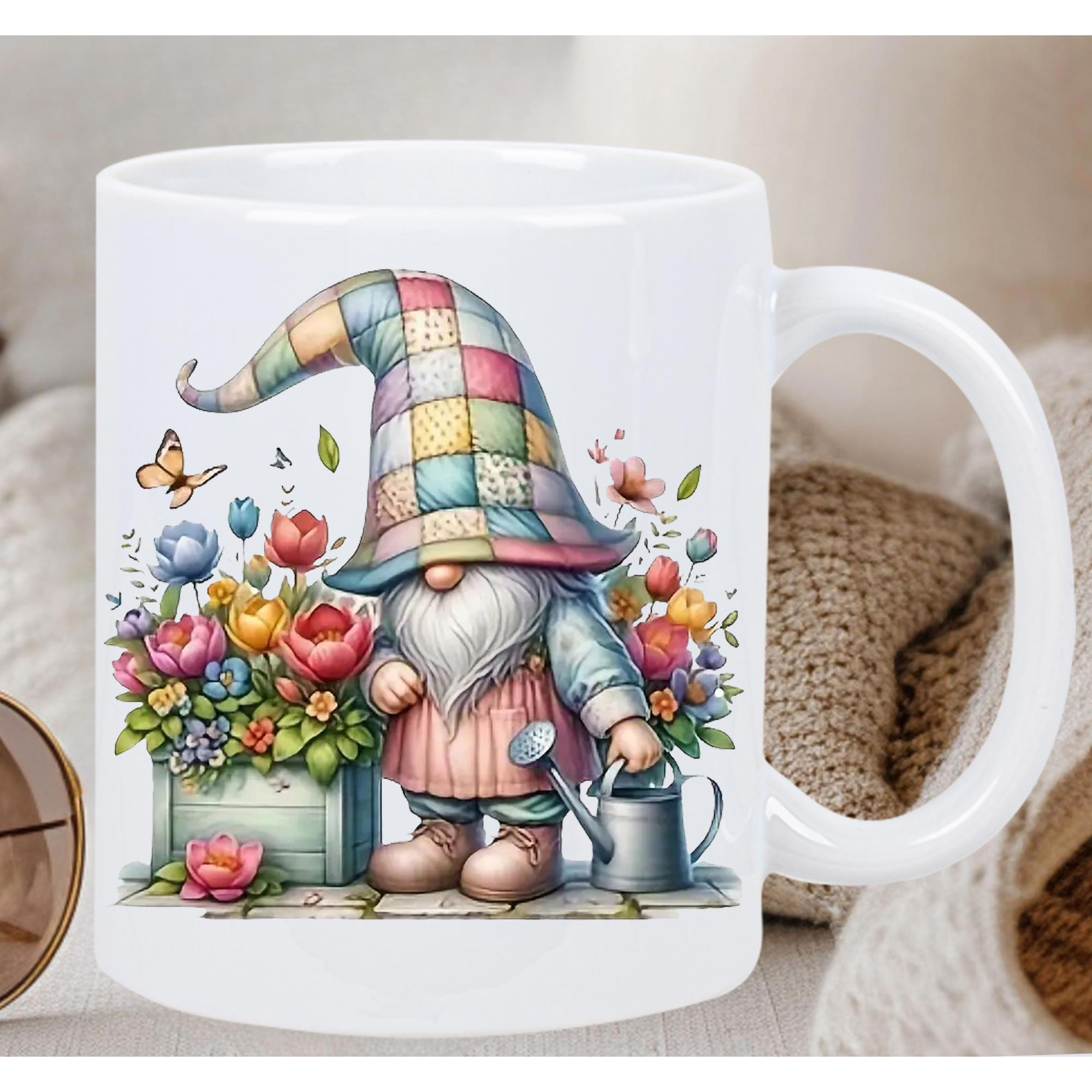 Tailorly White Ceramic 11 oz Mug - Colorful Garden Gnome Wearing Patchwork Hat Watering Vibrant Spring Flowers Among Butterfly Gnome