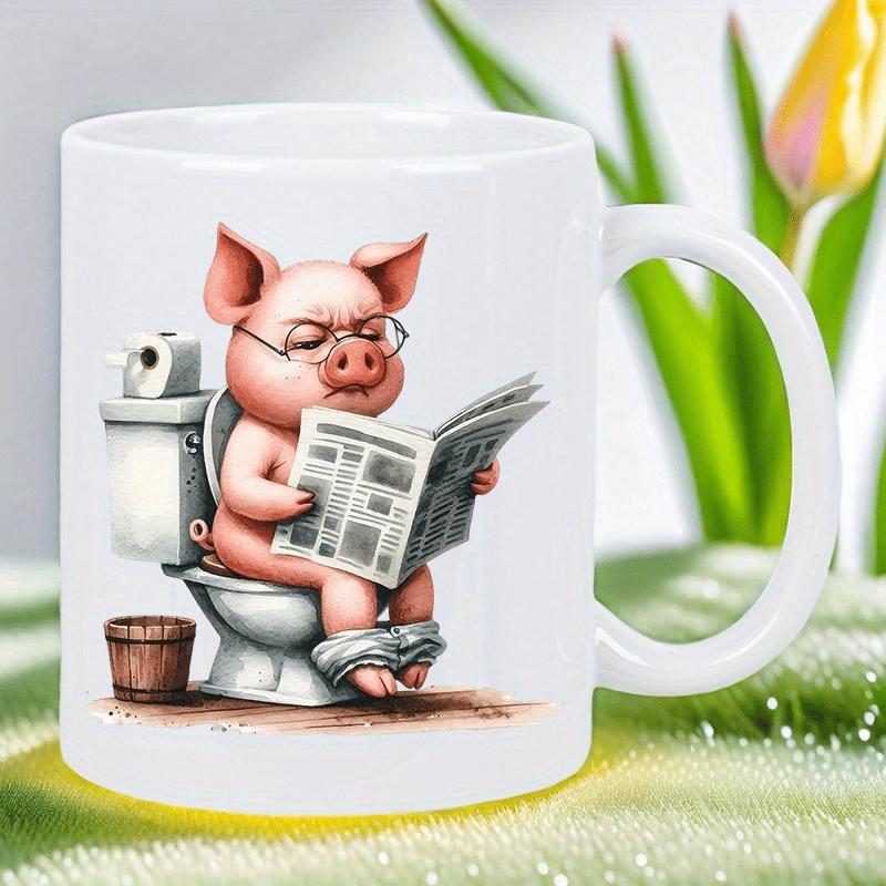 Tailorly White Ceramic 11 oz Mug - Humorous Pink Farm Animal Sitting On Toilet Reading Small Newspaper Pig