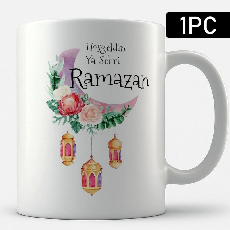 Tailorly White Ceramic 11 oz Mug - Watercolor Crescent Surrounded By Floral Blooms And Traditional Hanging Vintage Lanterns Moon