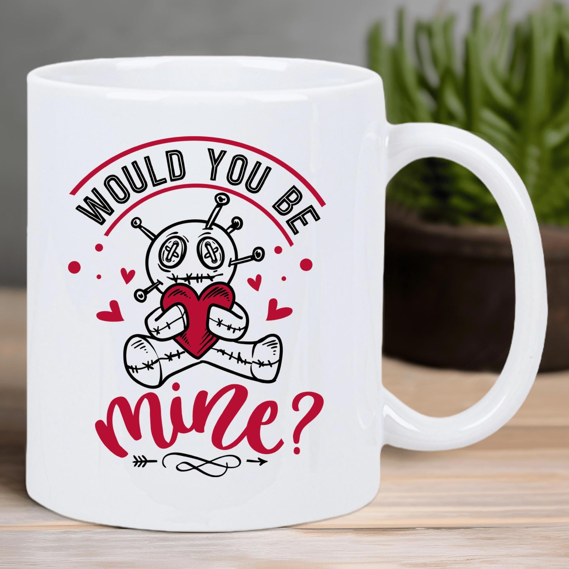Tailorly White Ceramic 11 oz Mug - Would You Be Mine Stitched Voodoo Doll Holding A Crimson Heart Among Small Red Dots Doll