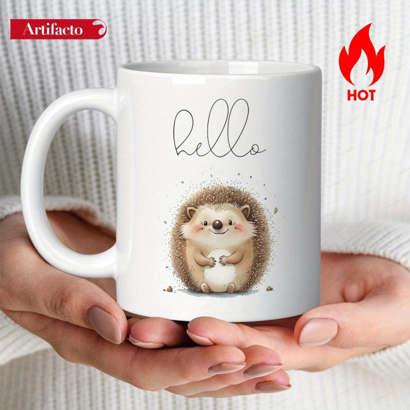 Tailorly White Ceramic 11 oz Mug - Hello Smiling Little Spiky Animal With Tiny Paws Resting Peacefully Hedgehog