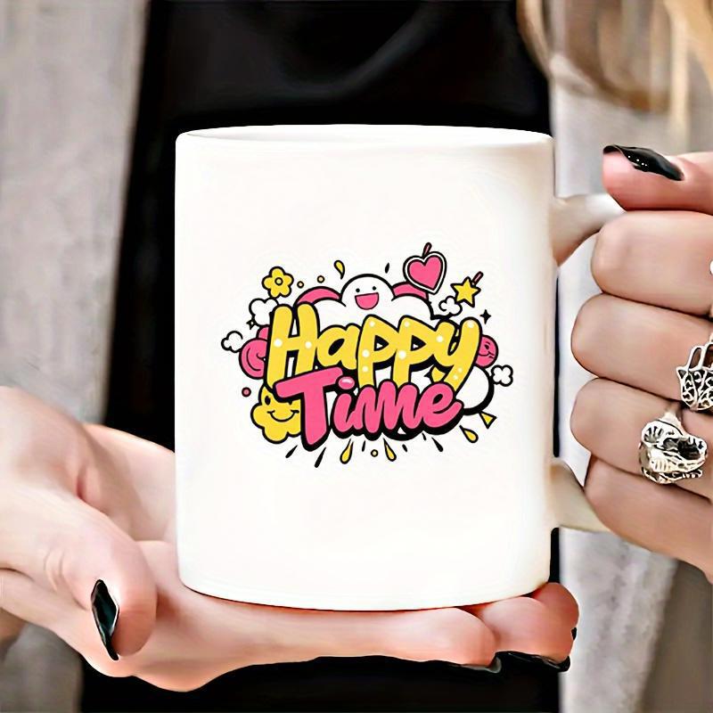 Tailorly White Ceramic 11 oz Mug - Happy Time Colorful Cartoon Doodles With Smiling Stars And Hearts Amidst Floating Clouds Illustration