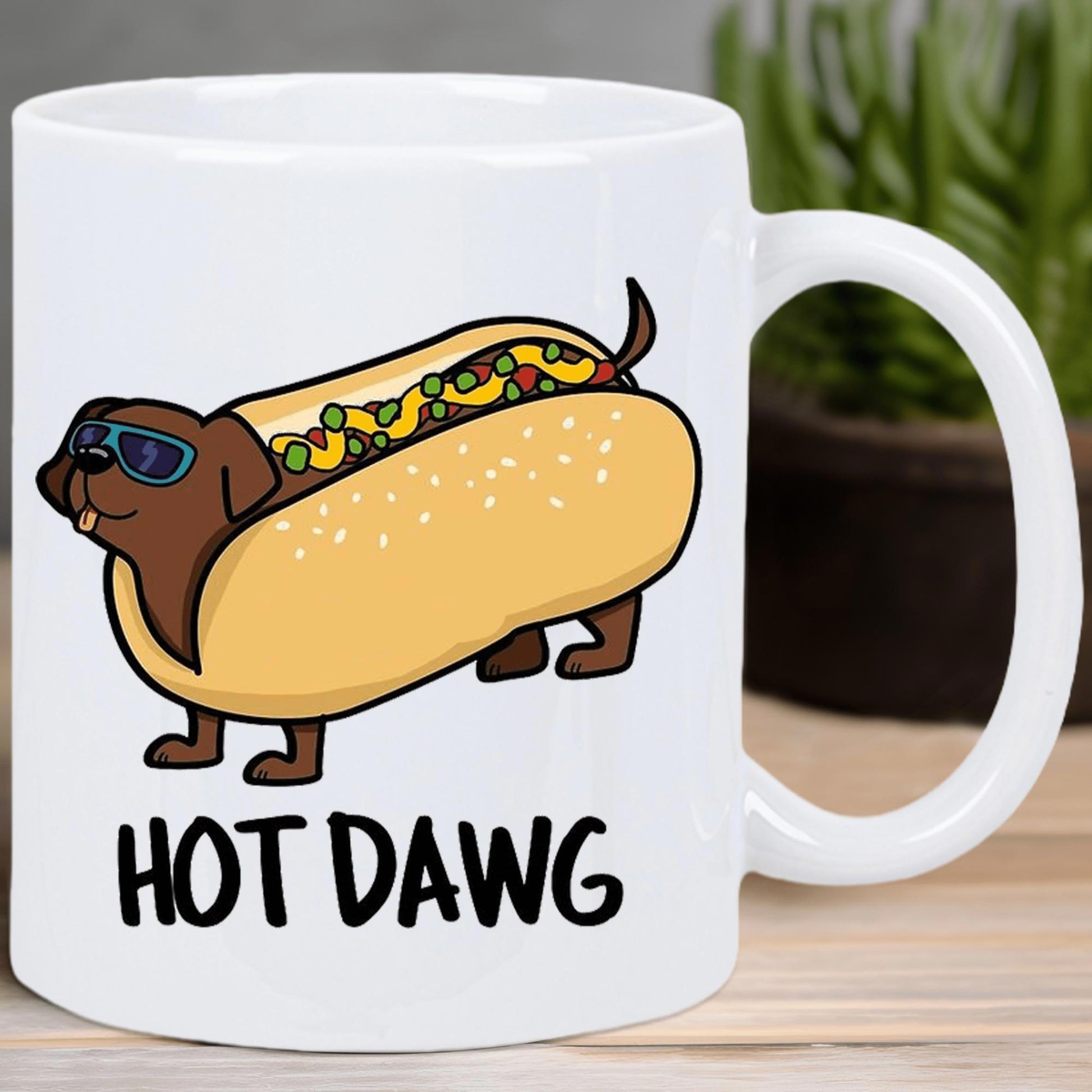 Tailorly White Ceramic 11 oz Mug - Hot Dawg Cartoon Wiener Dog Wearing Sunglasses Tucked Inside Toasted Bun Dachshund
