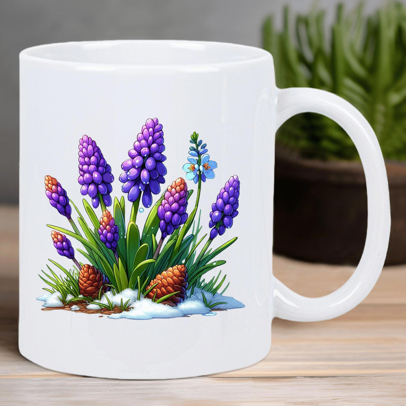 Tailorly White Ceramic 11 oz Mug - Vibrant Purple Muscari Blooming Among Green Leaves And Tiny Brown Pinecones Flower