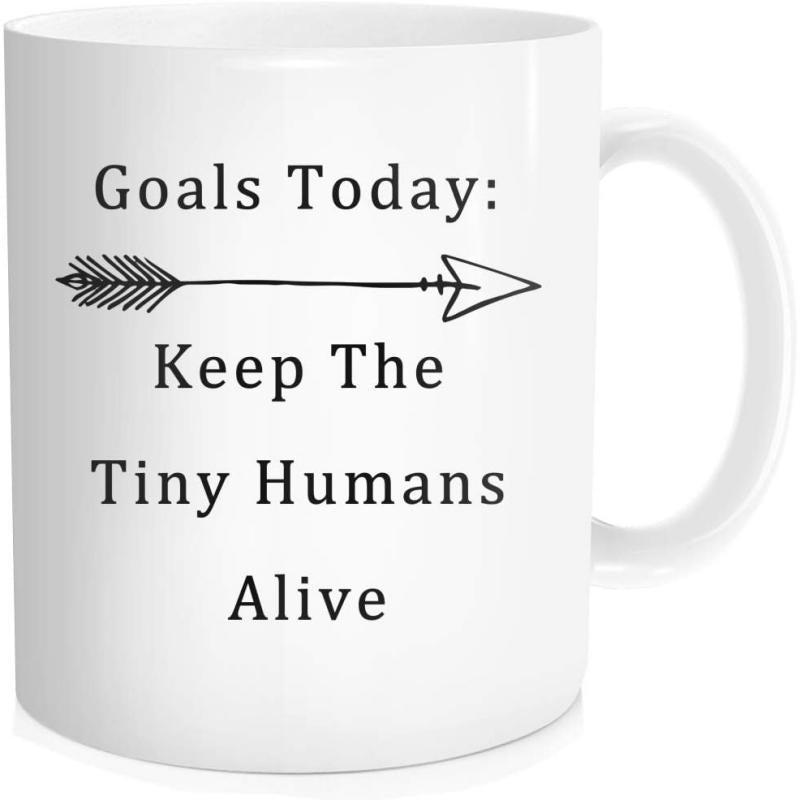 Tailorly White Ceramic 11 oz Mug - Goals Today Keep The Tiny Humans Alive Simple Hand Drawn Minimalist Graphic Pointing To The Right Directional Arrow
