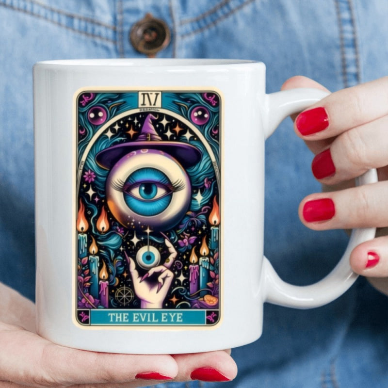 Tailorly White Ceramic 11 oz Mug - The Evil Eye Mystic Tarot Card Design Featuring Glowing Candles And Purple Hat Eyeball