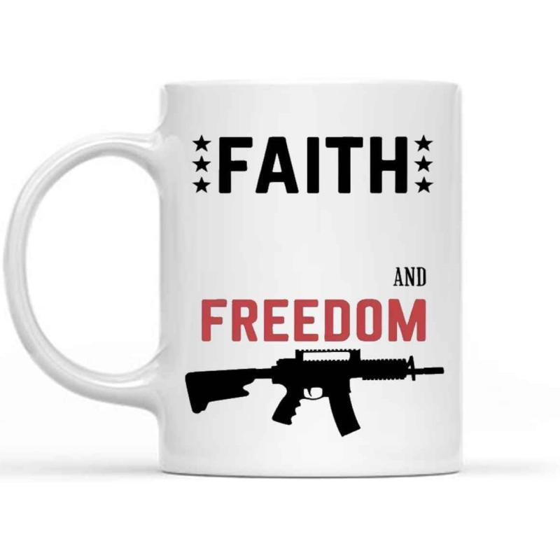 Tailorly White Ceramic 11 oz Mug - Faith And Freedom Patriotic Text With Six Stars And Modern Silhouette Rifle