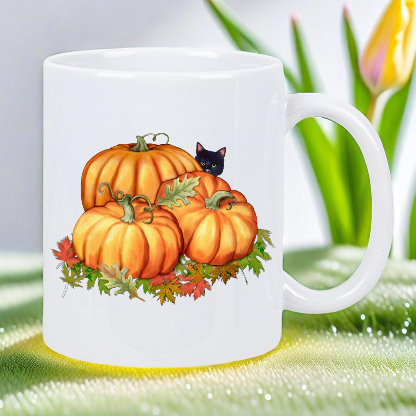 Tailorly White Ceramic 11 oz Mug - Vibrant Orange Harvest Pumpkins With Peeking Black Cat Among Colorful Autumn Leaves Pumpkin