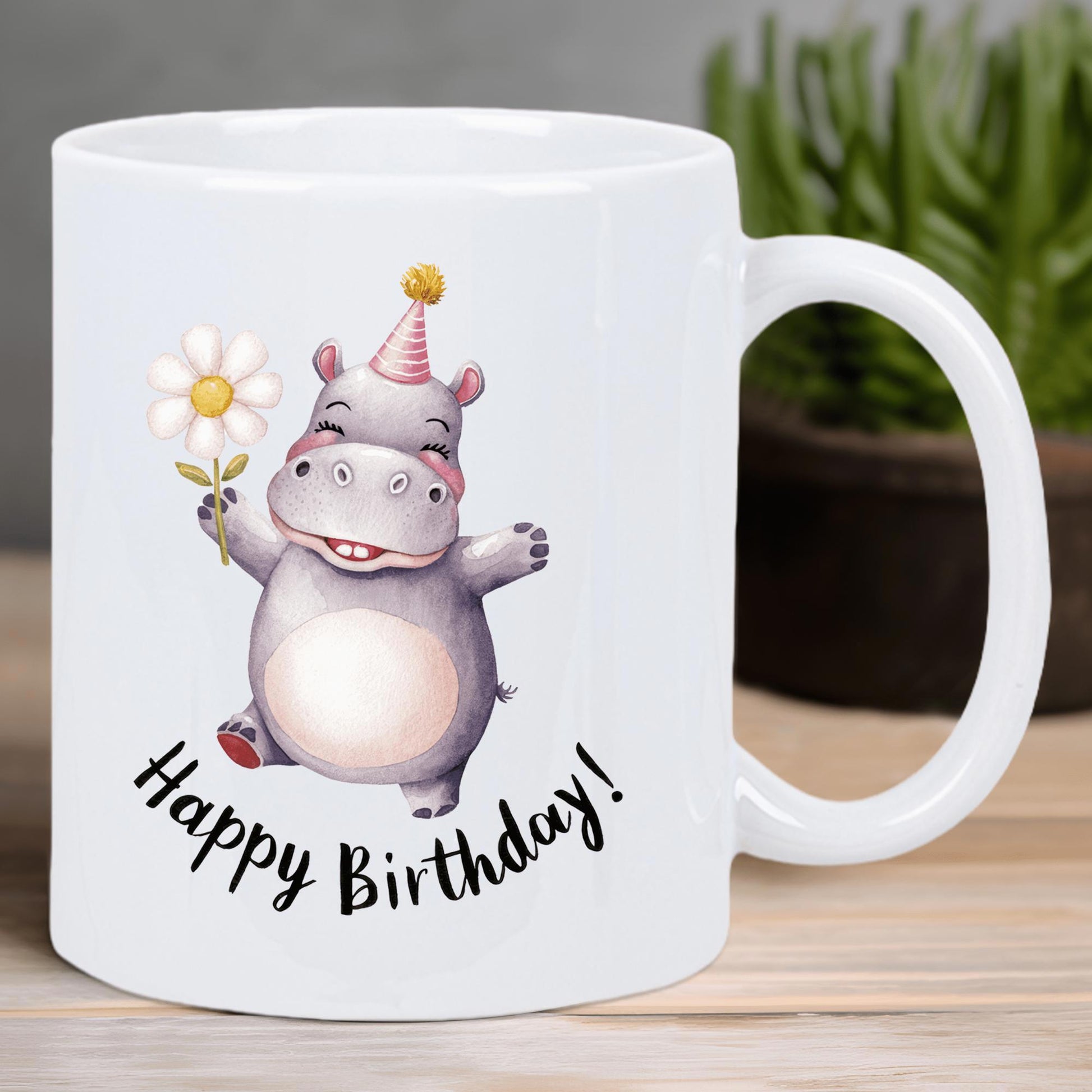 Tailorly White Ceramic 11 oz Mug - Happy Birthday Adorable Watercolor Character Wearing Pink Party Hat And Holding Daisy Hippo