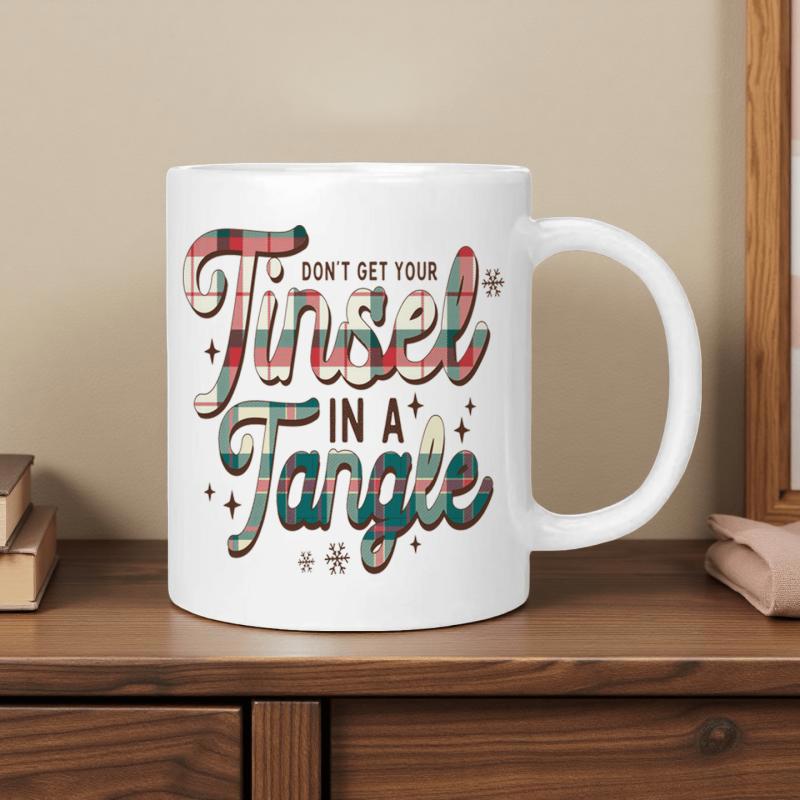 Tailorly White Ceramic 11 oz Mug - Don't Get Your Tinsel In A Tangle Festive Plaid Pattern Typography With Sparkling Snowflakes And Stars Mug