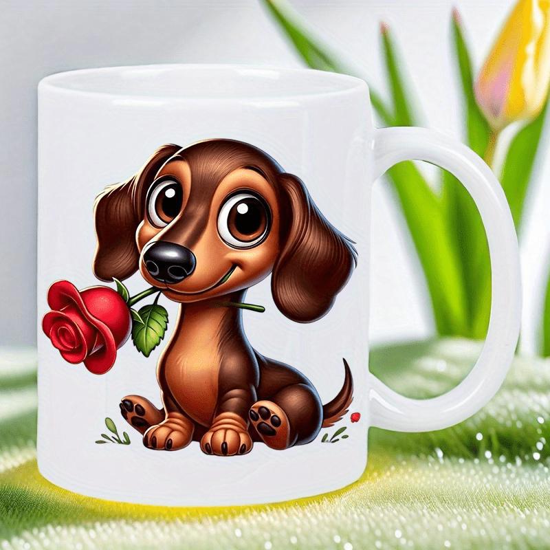 Tailorly White Ceramic 11 oz Mug - Adorable Brown Puppy Holding A Radiant Red Blooming Rose Dachshund