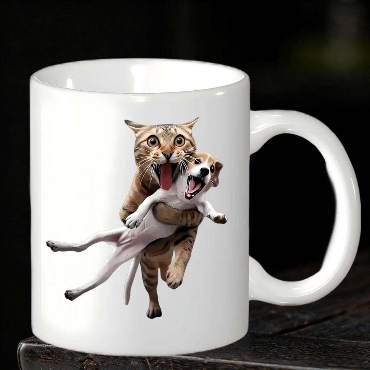Tailorly White Ceramic 11 oz Mug - Playful Tabby Running While Carrying A Joyful Small Spotted Puppy Cat