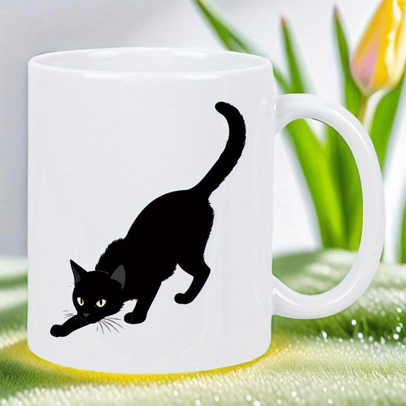 Tailorly White Ceramic 11 oz Mug - Playful Silhouette Of A Mysterious Midnight Black Feline Stretching Gracefully Cat
